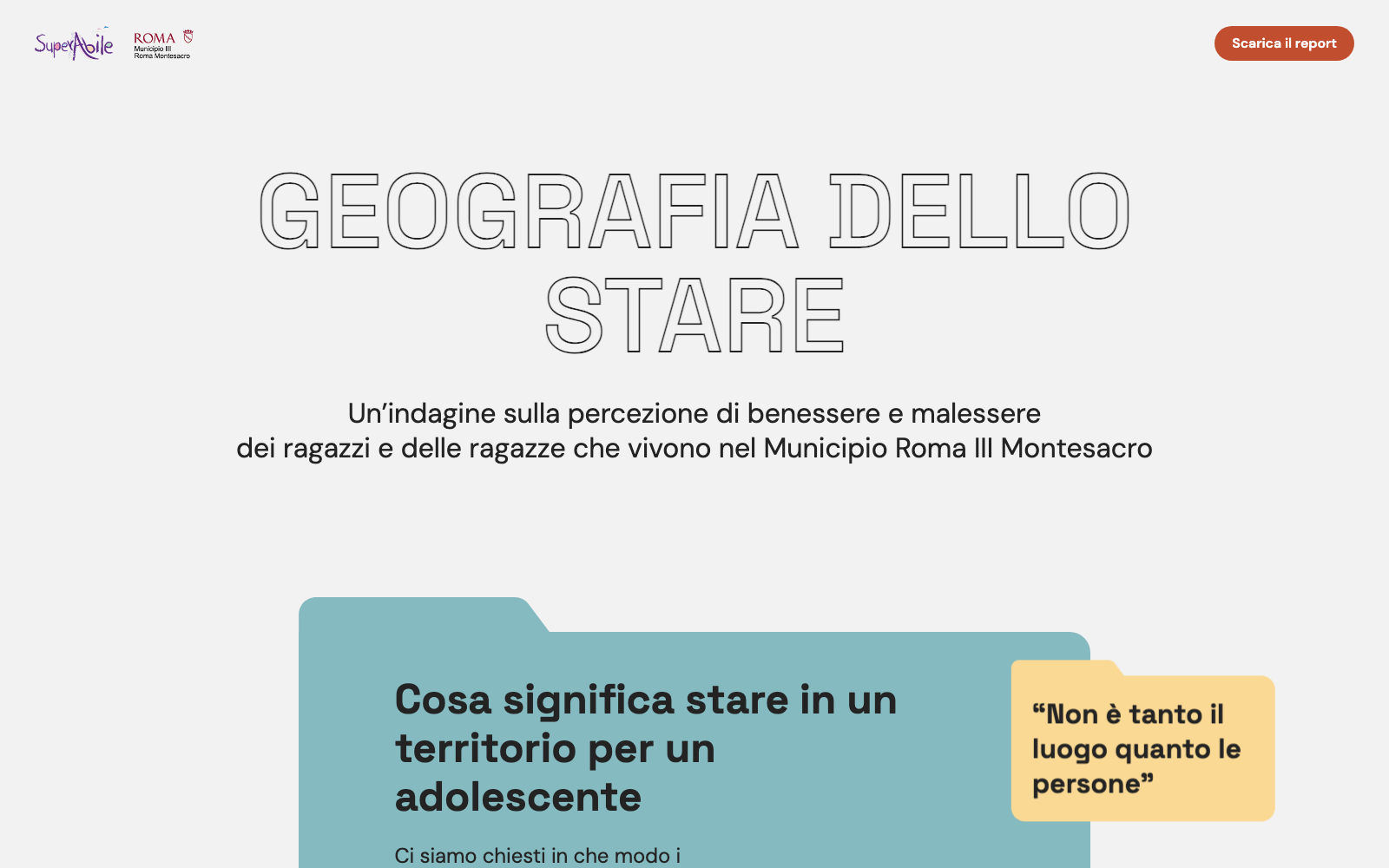 La piattaforma editoriale di Geografia dello stare: un grafico affiancato a una citazione diretta di uno dei ragazzi coinvolti
