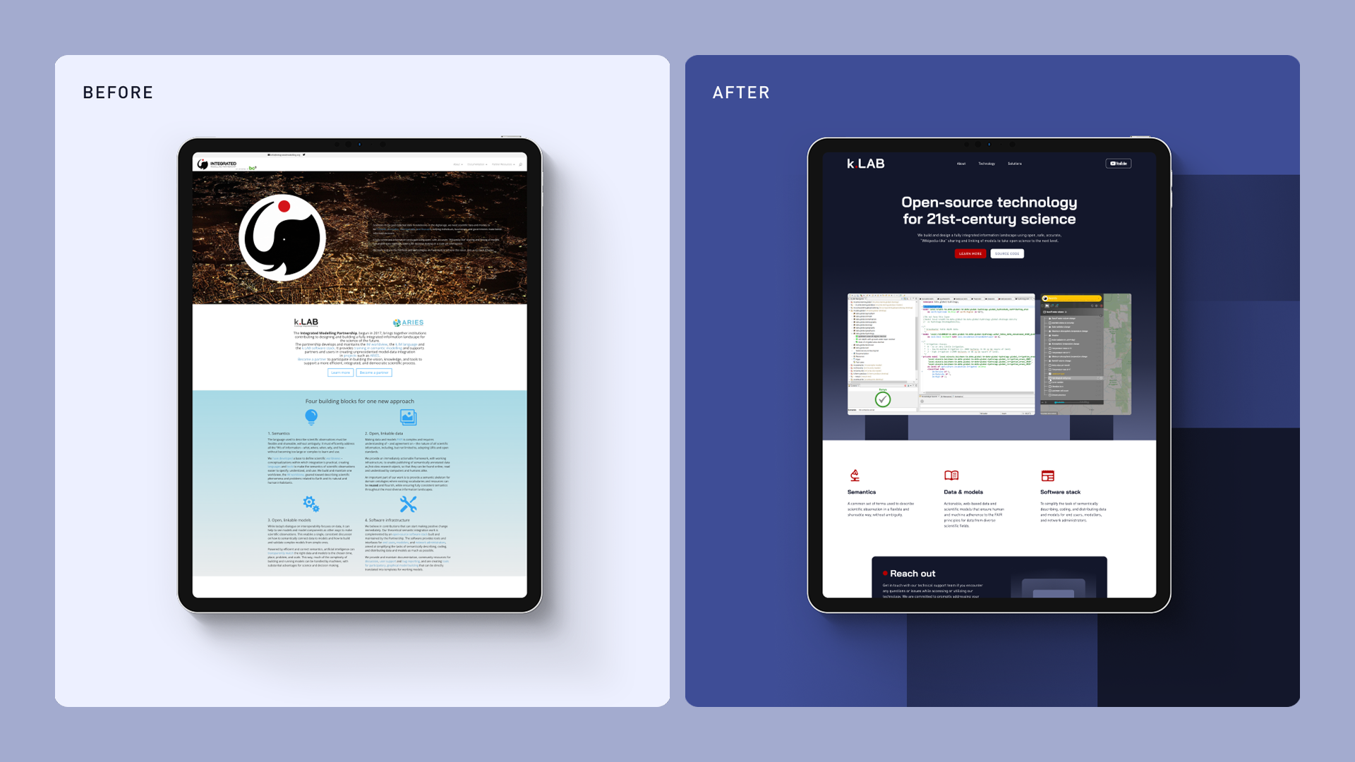 Before/after del redesign k.LAB: confronto tra l'interfaccia originale e la versione riprogettata
